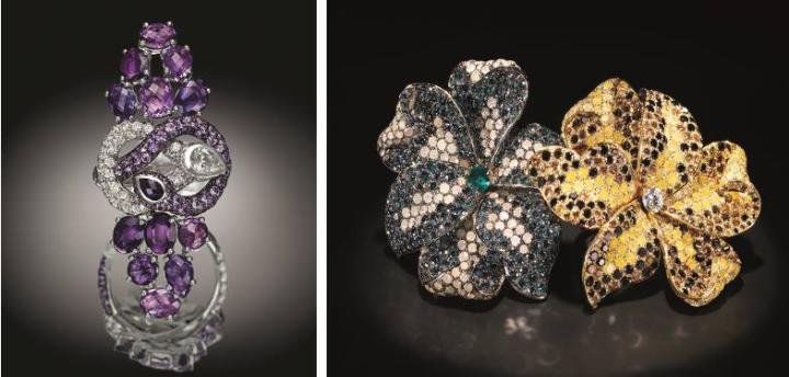 Serpent-motif ring by Palmiero.(left) Floral motif rings by Paolo Piovan.(right)