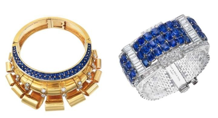 Retro sapphire and diamond bangle, by Boucheron (left) Art Déco Sapphire Bracelet by Van Cleef & Arpels (right)