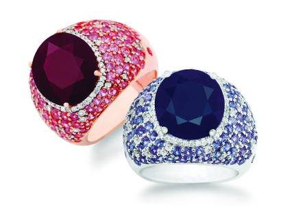 Sapphire, diamond, and ruby rings by Pranda