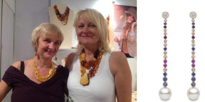 Amber jewelry is very popular with Chinese buyers. Shown here are Ewa Rachon (left), Amberif Project Director, and Bozena Przytocka, owner of Solo, a company specializing in Baltic amber jewelry, who said that the Hong Kong show was very good for her company (left) Yoko London launched several new collections in Hong Kong, including this exquisite pair of earrings made of sapphires, diamonds, and pearls.(right)