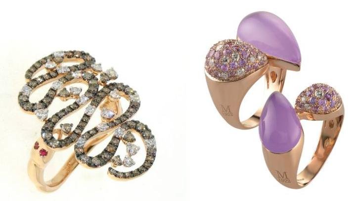 Serpent motif ring from Casato with diamonds. (left) Ring with lilac jade and lilac and pink sapphire, by Moraglione.(right)
