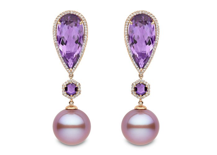 Purple pearl, amethyst, and diamond earrings by Yoko London