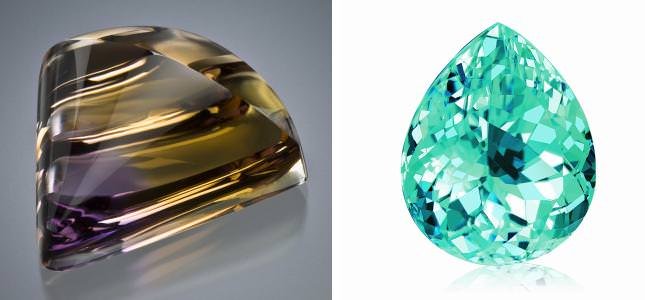 Carved Bolivian ametrine with concave carving on the back, which appears as convex mirrors through the top by Bob M'Closkey (photo: Jeff Scovil) (GJX) & Facetted Paraiba tourmaline by Wild & Petsch (GJX).