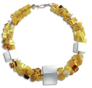 Necklace made of cubes of amber set with silver by Ambermoda.