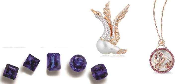 The AWE stand of AG Colour drew a lot of attention for the brand's exceptional tanzanites (USA) (left) One-of-a-kind baroque pearl and diamond “White Swan” brooch by Mario Buzzanca (Hong Kong) (center) A new brand in the Aspire Group, Sawel featured jewellery with whimsical rotating centres in gold, gems, and diamonds (Hong Kong) (right)