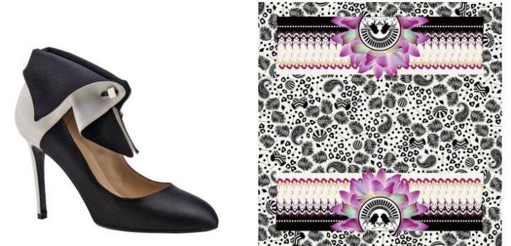 Left: “Tuxedo Moon” ladies' shoe by Sophie Cox (Australia). After studying Industrial Design, Sophie turned towards the relationship between shoes and design innovation. Before graduating from the London College of Fashion in 2009, she won the Drapers Student footwear designer of the year award Right: Colourful “Paradise” digitally printed silk scarf by Lucy Jay (UK). With an aesthetic steeped in variations of bejewelled symmetry and vigorous pattern, Lucy's scarves have been featured The Financial Times' How To Spend It and NY Magazine's The Cut.