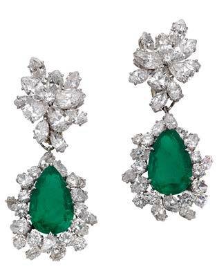 Earrings in platinum with emeralds and diamonds, 1964. Formerly the collection of Gina Lollobrigida.