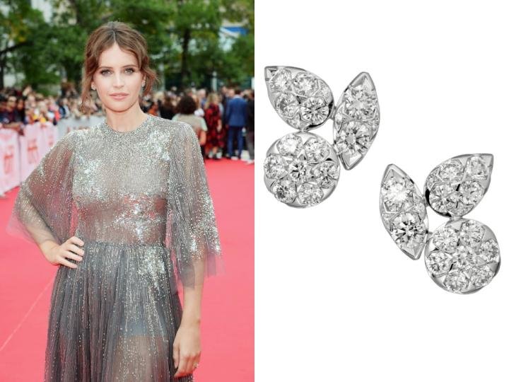 Felicity Jones wearing Pluie de Cartier earrings, 18k white gold, diamonds