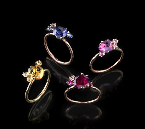 Bizzotto Gioielli - Pebbles rings in 18Kt yellow and rose gold with rubies, yellow, pink and blue sapphires enriched with brown diamonds