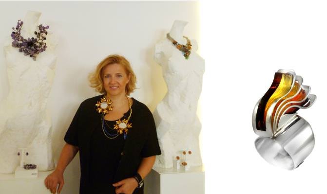 Award-winning Ewa Lewanowicz in her showroom in Warsaw. Under the Lewanowicz brand, she creates jewellery in sterling silver and natural gems, as well as fashion pieces combining a variety of materials metal, crystals, stones (left) Amber and silver statement ring by designer, Jacek Ostrowski, who also has a line of watches featuring amber bezels.(right)
