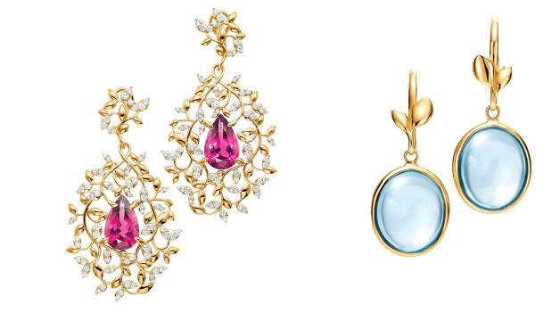 Paloma's Olive Leaf earrings with pear-shaped rubellites and diamonds & Paloma's Olive Leaf earrings with blue topaz