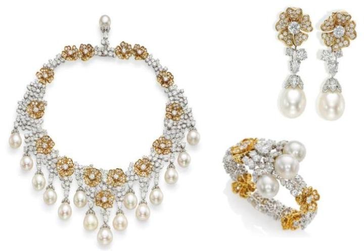 The cultured pearl, diamond and yellow diamond fringe necklace, and diamond bangle and pair of earrings by Van Cleef & Arpels