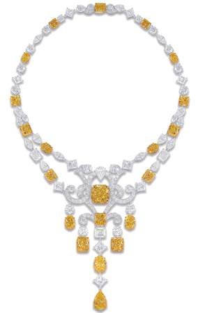 Extraordinary yellow and white diamond necklace (131.12 cts) from the Scroll Motif Collection by Graff.