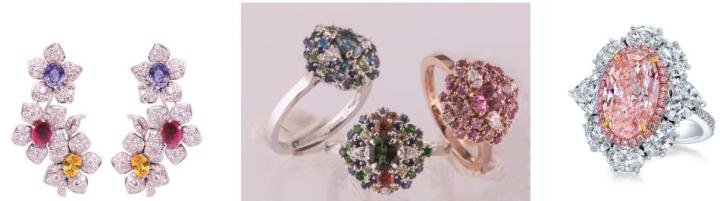 Colourful gemstone and diamond flower earrings by Ellagem (USA) (right) Selection of gemstone and gold rings from the “Monet” collection by Green G (Hong Kong) (center) Fancy coloured diamonds garnered much attention, including this rare pink and white diamond ring by Nar Wong (USA) (right)