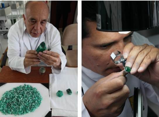 Cutting experts analyze rough emeralds to understand the best cutting path; Each important emerald is manually faceted and hand polished to achieve the perfect stone cut (photos: Serge Sibert).