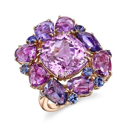 Omi Privé - The first piece from the new Rosé collection is an impressive kunzite and fancy sapphire ring designed in collaboration with Rémy Rotenier. The ring is handcrafted with a 12.39 carat cushion kunzite center stone accented with 9.18 carats of purple/pink fancy sapphire rose cuts and 0.91 carats of fancy sapphire rounds set in 18K rose gold.