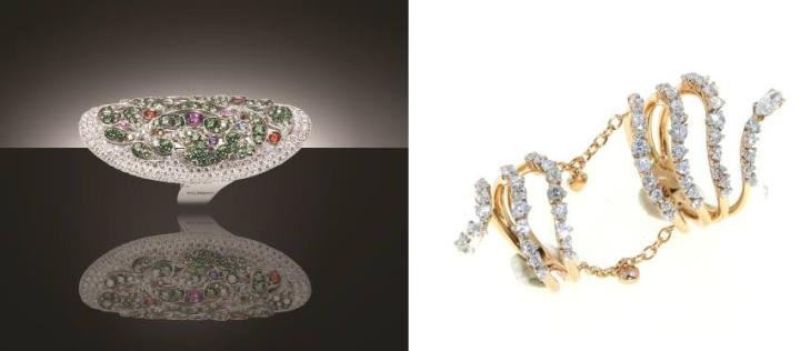 Convex shaped ring in a long oval, with gemstones set in a swirling floral motif, by Palmiero.(left) Gold and diamond ring from the Miss Chi collection from Casato.(right)