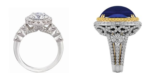 Platinum shared-prong halo ring with 3.00 ctw diamonds by A. Link & Co. (Centurion Bridal category winner) & Platinum, gold, sapphire, and diamond ring by Jack Kelége (Centurion).