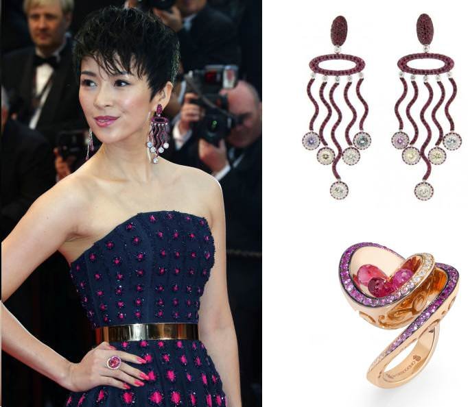 Zhang Ziyi wears de Grisogono earrings in white gold with sapphires, rubies and white diamonds and ring in pink gold with rubellite, pink sapphires and white diamonds.