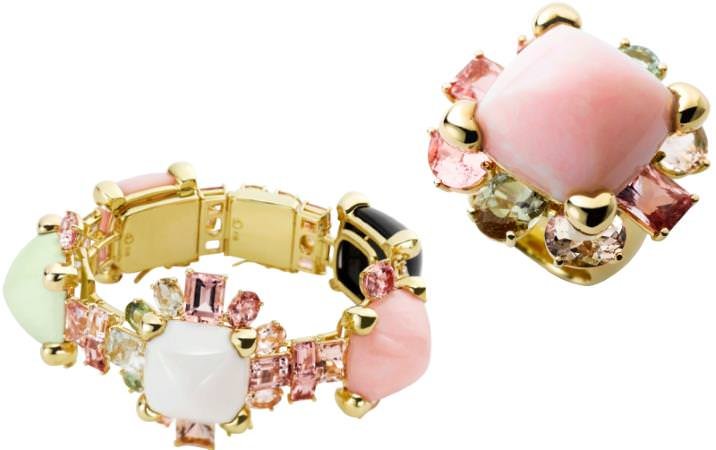 Arabian Night yellow gold bracelet and ring with pink opal and multi-coloured tourmalines.