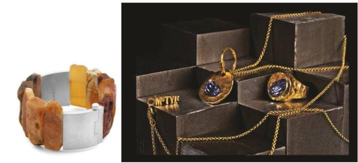 Bracelet in tarnished matte silver and raw amber by Marcin Zaremski, who also creates modern pieces in silver and gold (left) Gold and topaz ring and pendant by Motyle (photo: Norbert Piwowarczyk). (right)