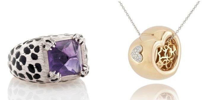 An amethyst and enamel 'Leopard' ring, by Christian Dior Starting bid: £2,000 (left), A diamond-set pendant, by Pasquale Bruni Starting bid: £1,000 (right)
