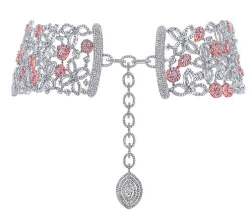 Back view of the elegant pink and white diamond necklace with diamonds cascading sensually down the wearer's back.