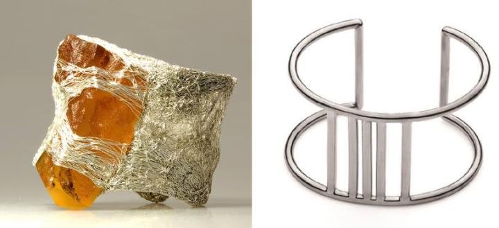 Raw amber and silver threads come together in this impressive cuff by Pawel Kaczynski (left) Minimalist silver cuff by designer duo, Alicja and Jacub Wyganowscy. (right)