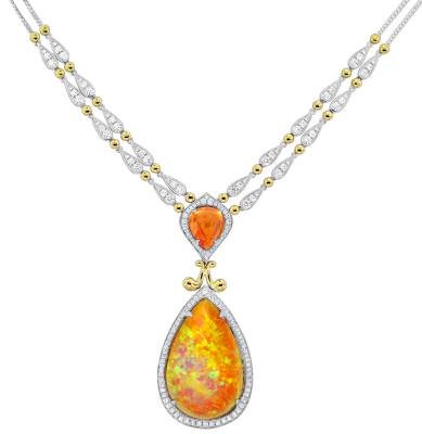 Platinum pendant featuring a 38.30-ct Ethiopian opal, 9.79-ct spessartite, and 2.21-ctw of diamonds, with yellow gold accents by Spark Creations (Centurion Coloured Stone Fashion winner).