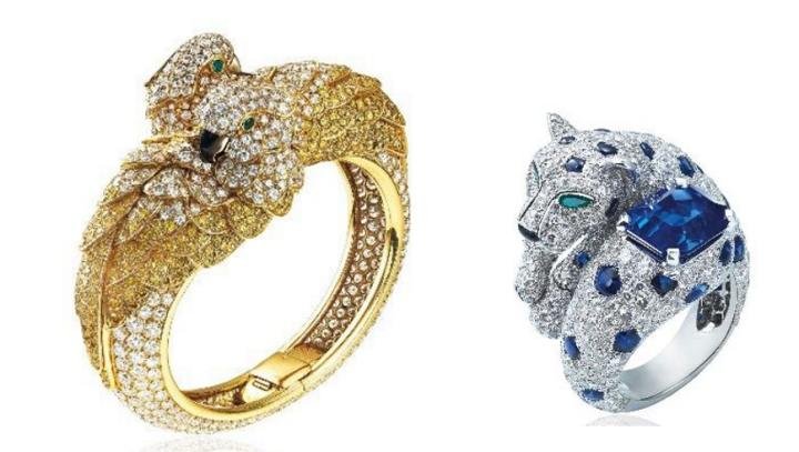 “Les Oiseaux Libérés” bangle by Cartier Sapphire, diamond and emerald “Panthère” ring by Cartier