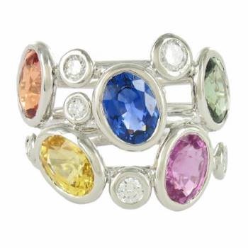 Ring “Galaxy”: palladium white gold, diamonds and multicolored sapphires 5 blue oval sapphires, pink, orange, yellow, green and 6 seertis diamonds ended on a body with 3 rings