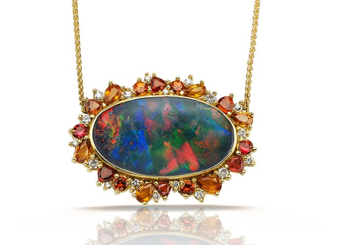 Exquisite opal, gemstone, and diamond pendant by Pamela Huizenga
