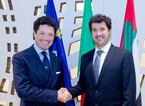 Matteo Marzotto, President of Fiera di Vicenza, shakes hands with His Excellency Helal Saeed Al Marri, Director General of Dubai's Department of Tourism and Commerce Marketing, after signing the agreement creating DV Global Link, a joint venture between the Fiera and the Dubai World Trade Centre.