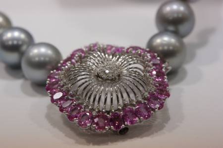 Amethyst and diamond pendant on a pearl necklace by CC Pearls (photo: Intergem).