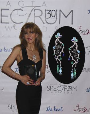 Designer Caroline Chartouni with her AGTA Spectrum Award. Inset: Her winning earrings made of gold, diamonds, tanzanite, Paraiba tourmaline, and emeralds.