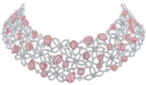 Front view of pink and white diamond and gold necklace.
