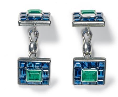 Platinum, rectangular faceted emeralds, calibrated faceted sapphires. Sold to the King of Yugoslavia who gifted them to King Carol II of Romania