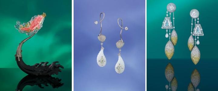 A multi-gem Elan Brooch/Sculpture US,000-78,000 (left) - A pair of nephrite and diamond 'Innocence' ear pendants US0,000-150,000 (center) - A pair of 3.13 and 2.88 carats E/VVS2-VS1 tapered baguette cut diamond ear pendants US0,000-150,000 (right)
