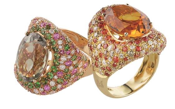 Left: Prasiolite ring with diamonds, pink sapphires, and tsavorites. Right: Madera citrine with white and brown diamonds and orange sapphires. Both pieces by Moraglione.