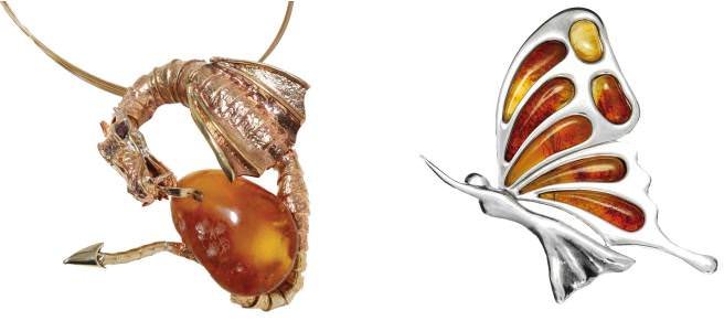 Amber and silver pendant by Eva Stone & Silver and amber brooch by Bizuteria Wasowska.