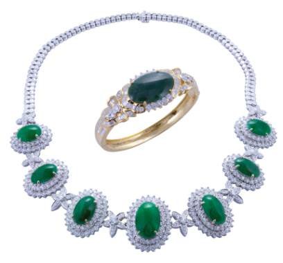 Emerald and diamond ring and necklace by LS Oriental.