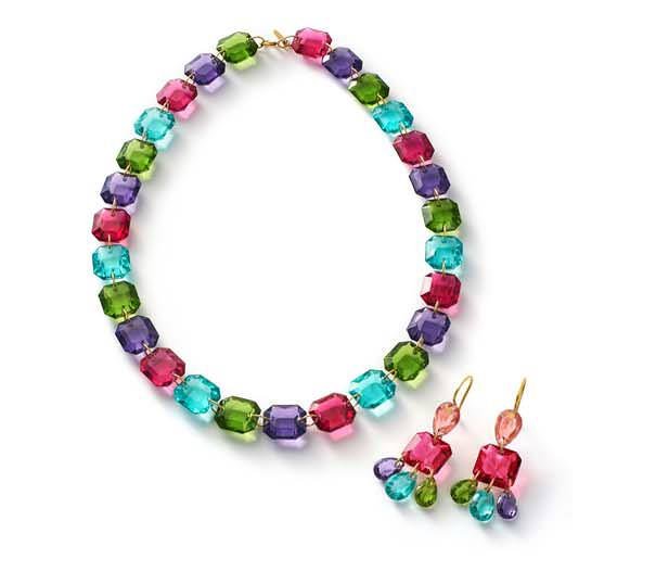 Chandelier necklace and earrings in yellow gold and multicoloured crystal