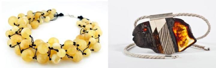 “White Grapes” necklace of amber by Agata Calka for Amber-Ring (left) Designer Marta Wlodarska uses amber in combination with driftwood that she picks up from Baltic Sea beaches, where amber is found. Her sculptural pieces are sold under her brand, Amberwood.(right)