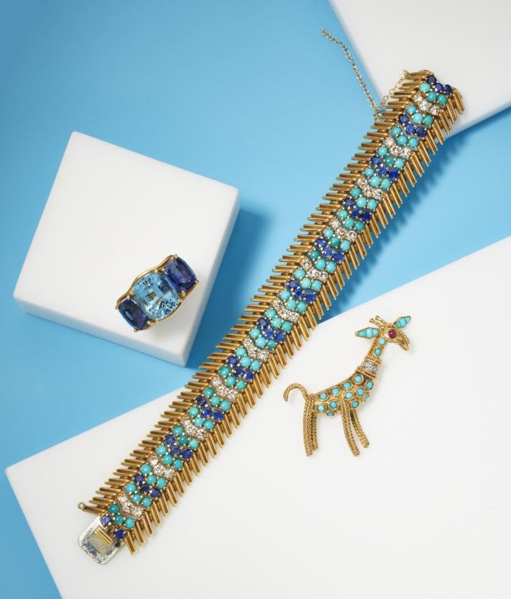 Verdura, Aquamarine and Iolite Ring - Tiffany & Co., Diamond, Sapphire and Turquoise Bracelet - Boucheron, Turquoise and Diamond Giraffe Brooch
