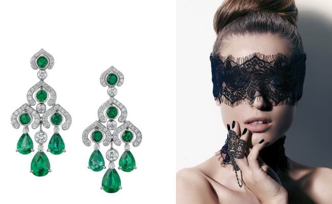 Earrings in diamonds and Gemsfield emeralds by Fabergé, present at the Al Fardan pavilion. & Double rings in burnished gold and diamonds by Noudar, inspired by traditional Arabic culture.