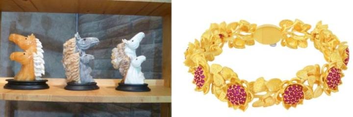 Carved horses by Thai brand, KdeCraft (left) Gold and gemstone bracelet by Prima Gold by Pranda (right)
