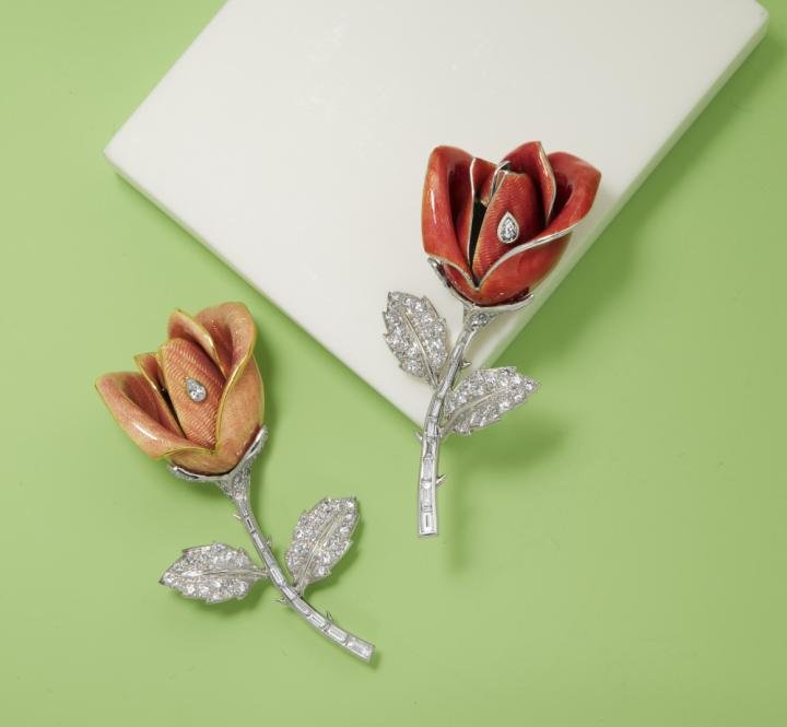 Diamond and Enamel Flower Brooches, by Boucheron