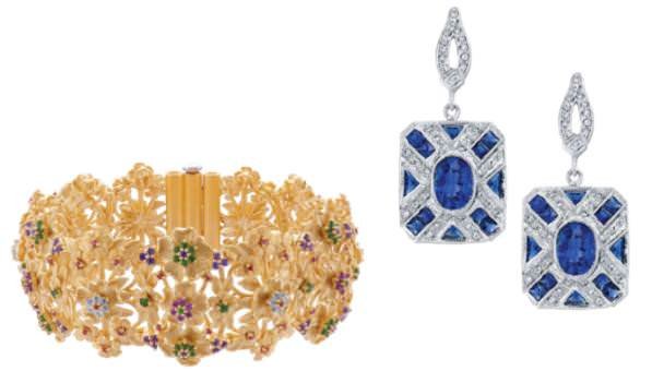 Gold and gemstone bracelet by Pranda Jewelry & Sapphire, gold, and diamond earrings by Beverley K.