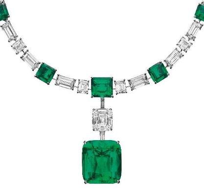 The Colombian emerald and diamond necklace, by Cartier, the pendant weighing 39.70 carats