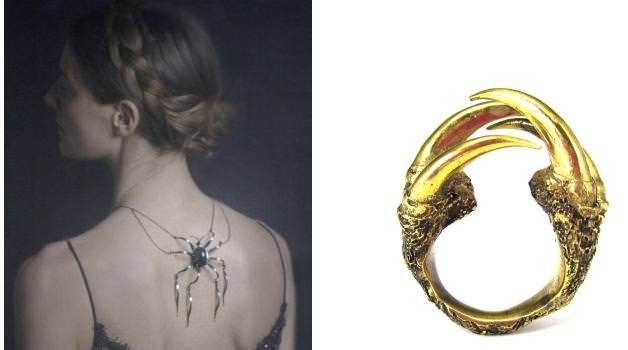 Left: Spider back-necklace in silver and gemstones by Mario Salvucci Jewellery (Italy). In addition to his own line, Mario has designed private label collections for Ann Taylor and The Gap, among Others. Always researching new materials, he has expanded his creative field into fabrics and interior design Right: Bronze “Owl Talon” ring by Eilisain Jewelry (USA). Designer Lisette Fee uses the ancient method of lost wax casting to create pieces of jewellery immortalizing the beauty and strength of animals such as the owl, crow, deer, badger, and bear.